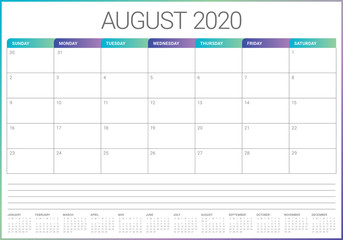 August 2020 desk calendar vector illustration