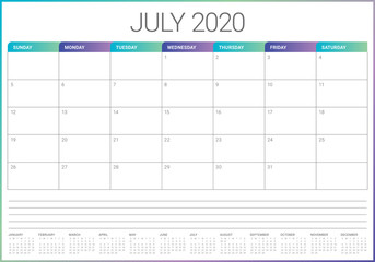 July 2020 desk calendar vector illustration