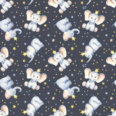 Tapeten Aquarell multidirektionales nahtloses Muster mit niedlicher Elefantenbabykrone und Sternen © MarinaErmakova