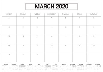 March 2020 desk calendar vector illustration