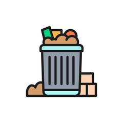 Filled can bin, garbage, waste flat color line icon.
