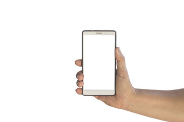 hand holding mobile pone touch screens and blank screens that are separate from the white background and have shortcuts