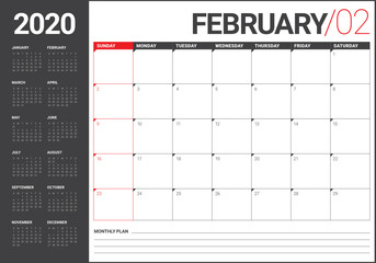 February 2020 desk calendar vector illustration