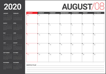 August 2020 desk calendar vector illustration