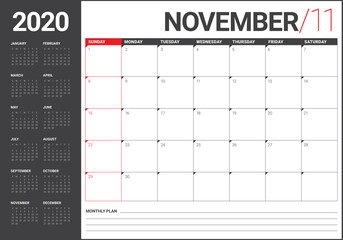 November 2020 desk calendar vector illustration