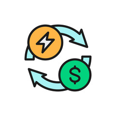 Purchase and sale of electricity, energy and money exchange flat color line icon