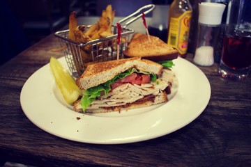 Toasted Turkey sandwich with french fries and a pickle on the side