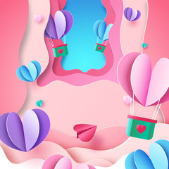 Paper art style of valentine day greeting card template background.Love and heart concept vector illustration.