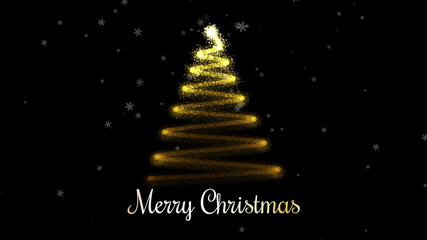 Christmas tree with falling snowflakes on back background. Christmas tree made of gold particles.