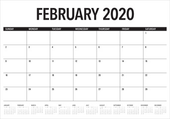 February 2020 desk calendar vector illustration