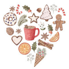 Watercolor Christmas set. Hand painted, gingerbread, sweets, caramel, nuts, waffle cone, donut, cocoa. Christmas illustrations for cards, design, print. - 309870159