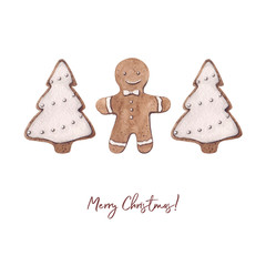 Watercolor Christmas card. Hand painted gingerbread cookies, gingerbread man, gingerbread herringbone, sweets, cookies. Christmas illustrations for cards, design, print. - 309870184