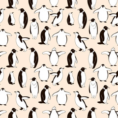 Seamless pattern with penguins. Hand drawn illustration. Animal's backdrop. Illustration with wild animals.