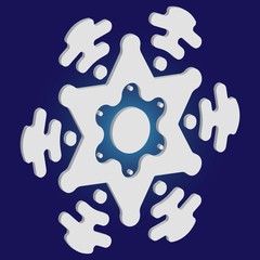 Paper cut isolated snowflake on blue background.