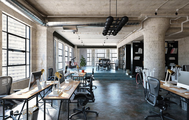 Office interior in loft, industrial style, 3d render