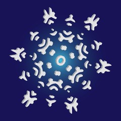 Simple snowflake with shadow on blue background.