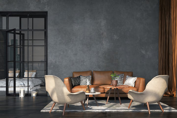 Living room interior in loft, industrial style, 3d render