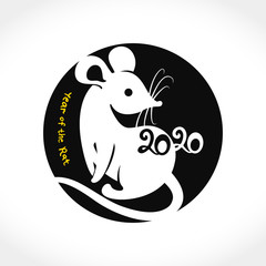 Year of the Rat. 2020. Round vector template with white cute rat.