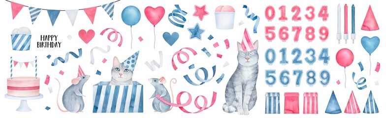 Big "Happy Birthday" collection with funny animals, cake, trick candles, hanging garland, lots of streamers, ballons, love heart symbols, festive caps. Hand drawn watercolour paint, isolated elements.