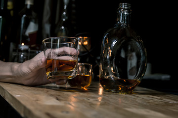 Bartender Serve Whiskey, on wood bar,