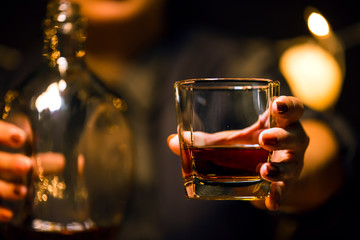 Bartender Serve Whiskey, on wood bar,