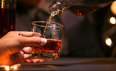 Bartender Serve Whiskey, on wood bar,
