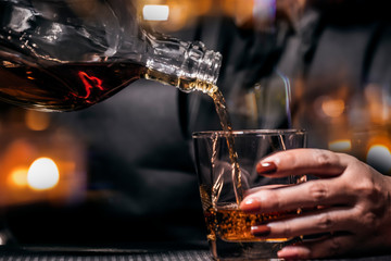 Bartender Serve Whiskey, on wood bar,