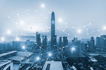 Shenzhen City Scenery and 5G Internet Technology Concept