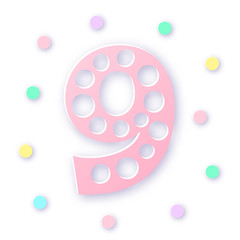 Number Nine in paper cut style on white background. Typographic design. Bold rose number