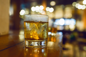 Bartender Serve Whiskey, on wood bar,