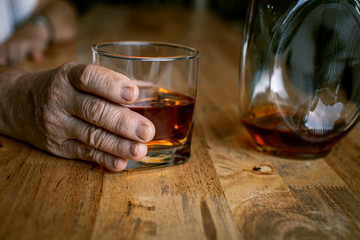 Bartender Serve Whiskey, on wood bar,