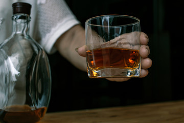 Bartender Serve Whiskey, on wood bar,
