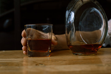 Bartender Serve Whiskey, on wood bar,