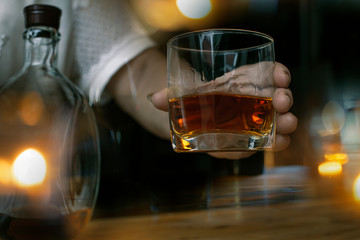Bartender Serve Whiskey, on wood bar,