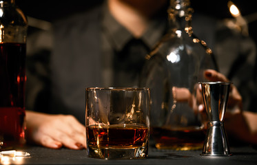 Bartender Serve Whiskey, on wood bar,