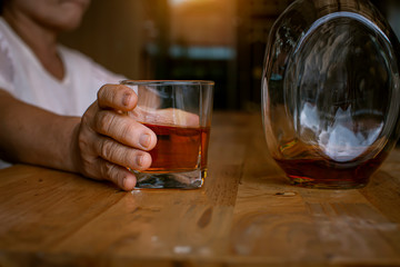 Bartender Serve Whiskey, on wood bar, 