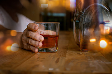 Bartender Serve Whiskey, on wood bar,
