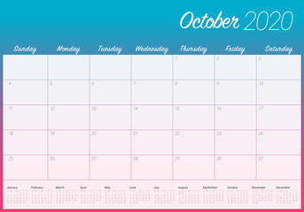 October 2020 desk calendar vector illustration