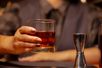 Bartender Serve Whiskey, on wood bar,