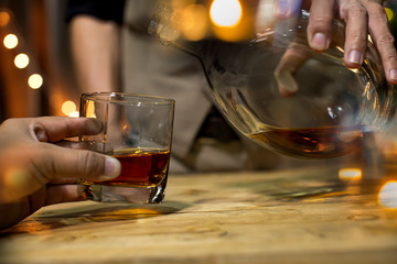 Bartender Serve Whiskey, on wood bar,