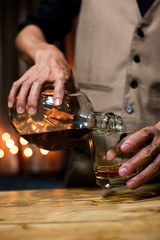 Bartender Serve Whiskey, on wood bar,