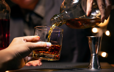 Bartender Serve Whiskey, on wood bar,