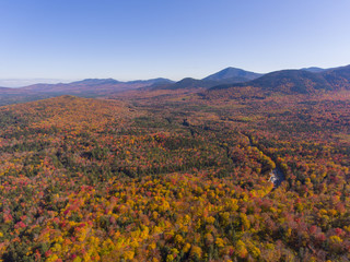 White Mountain National Forest fall foliage on Kancamagus Highway aerial view near Sugar Hill Scenic Vista, Town of Lincoln, New Hampshire NH, USA.