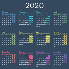simple vector calendar 2020, starts monday, two weekend, dark background