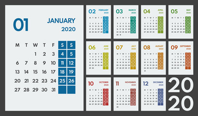 2020 simple vector 12 colorful months calendar, starts monday, two weekend, white background