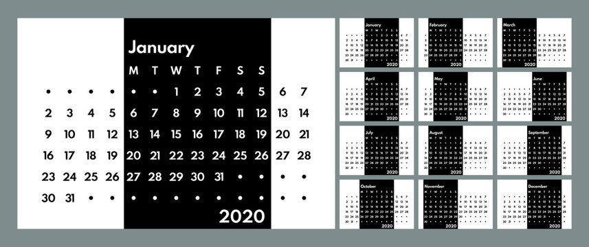 2020 perpetual style monochrome calendar vector template