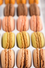 French macaroons, varied selection, colorful. Vertical photo.