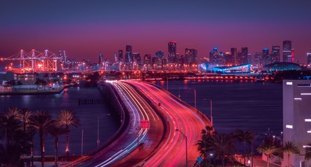 night city miami urban circulation lights lighting landscape street bridge auto downtown usa florida confluence transportation colors  