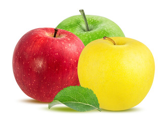 Fresh three apples isolated on white background with clipping path