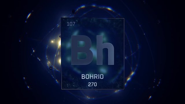 Bohrium as Element 107 of the Periodic Table. Seamlessly looping 3D animation on blue illuminated atom design background with orbiting electrons. Name, atomic weight, element number in Spanish languag